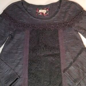 Meadow Rue Gray Long Sleeve Ruffle Hem Blouse Top Size S Lace Boho Crotchet Fall